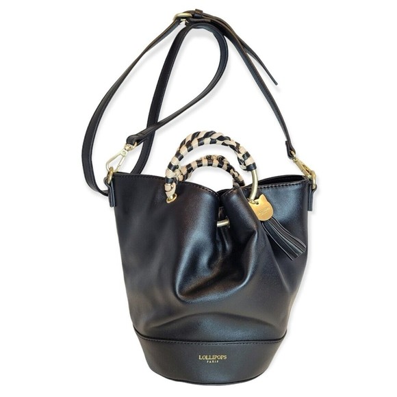 Lollipops Paris Handbags - Lollipops Paris Black Bucket Crossbody Bag Cat/Tassel Charm Leopard Lining  9"H